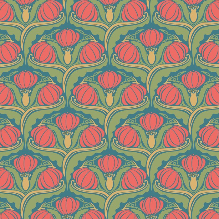 Art Nouveau Pattern 2 Red Sage Green Yellow Ochre On Blue Coffee Mug Gallery Image 2