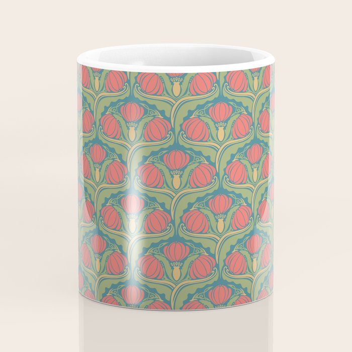 Art Nouveau Pattern 2 Red Sage Green Yellow Ochre On Blue Coffee Mug Gallery Image 4