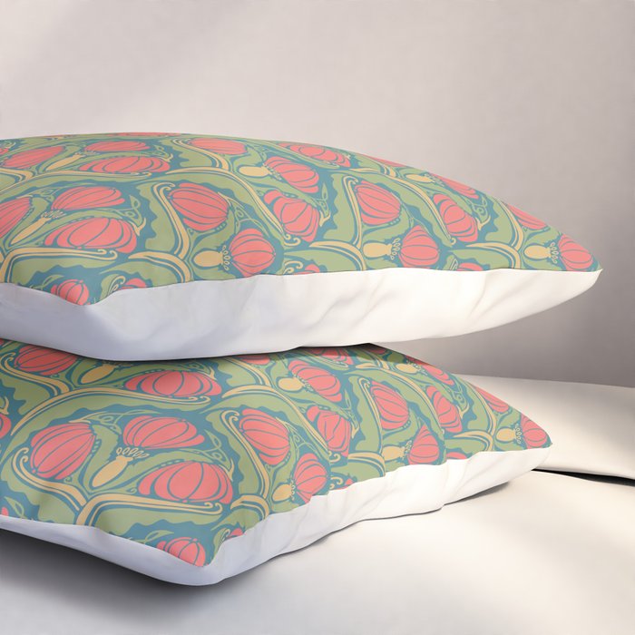 Art Nouveau Pattern 2 Red Sage Green Yellow Ochre On Blue Pillow Sham Gallery Image 3