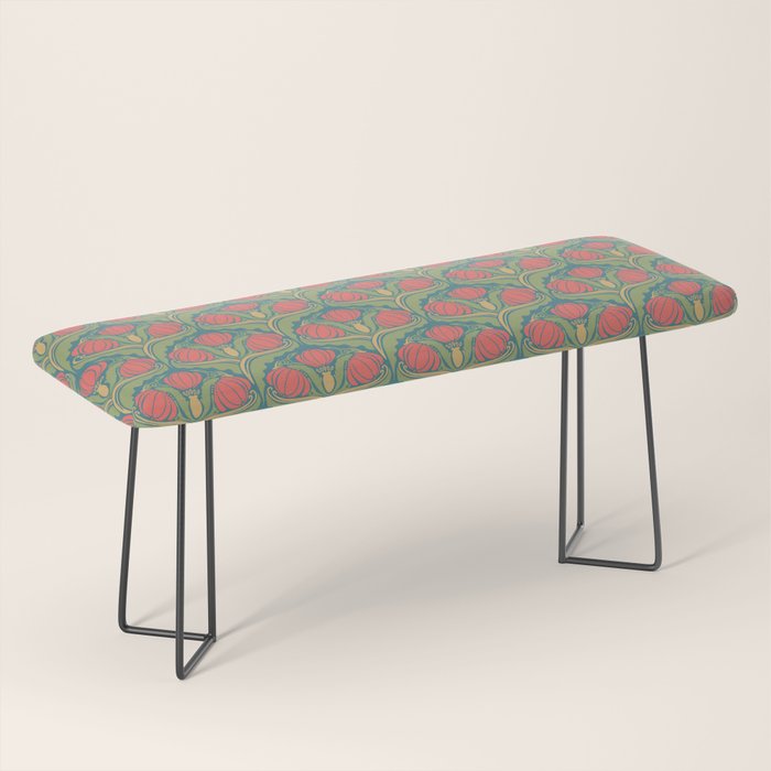 Art Nouveau Pattern 2 Red Sage Green Yellow Ochre On Blue Bench Gallery Image 1