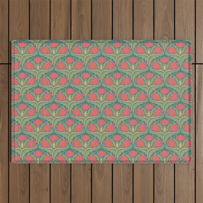 Art Nouveau Pattern 2 Red Sage Green Yellow Ochre On Blue Outdoor Rug Gallery Image 1