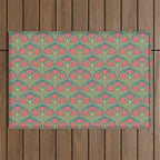 Art Nouveau Pattern 2 Red Sage Green Yellow Ochre On Blue Outdoor Rug Gallery Image 1