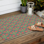 Art Nouveau Pattern 2 Red Sage Green Yellow Ochre On Blue Outdoor Rug Gallery Image 2