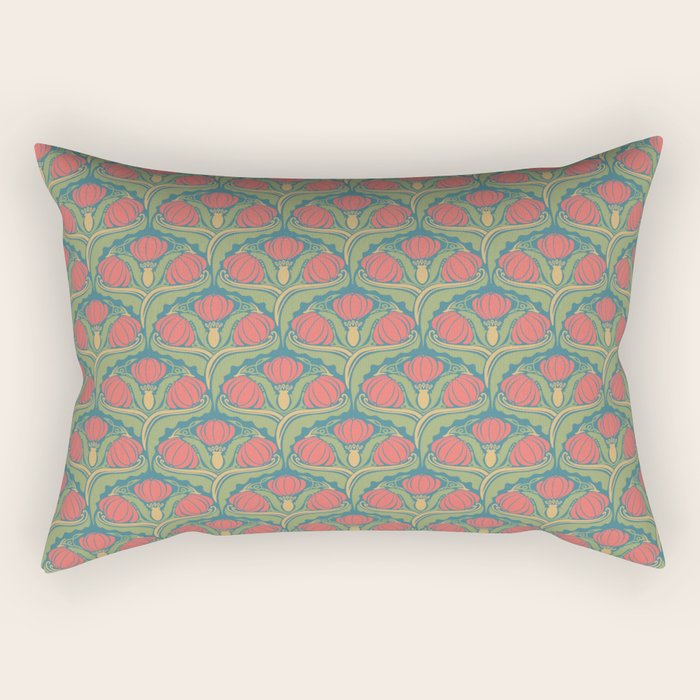 Art Nouveau Pattern 2 Red Sage Green Yellow Ochre On Blue Rectangular Pillow Gallery Image 1