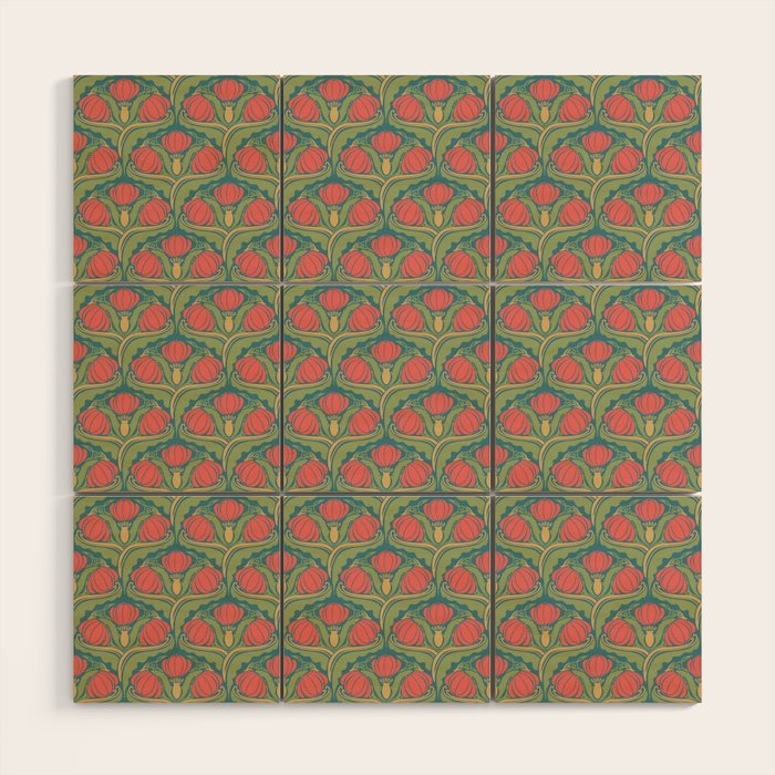 Art Nouveau Pattern 2 Red Sage Green Yellow Ochre On Blue Wood Wall Art Gallery Image 1