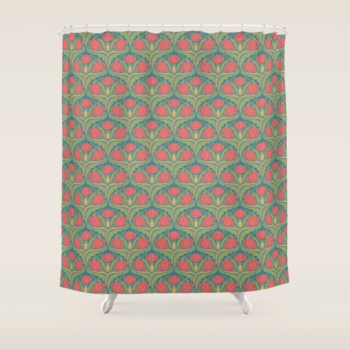 Art Nouveau Pattern 2 Red Sage Green Yellow Ochre On Blue Shower Curtain Gallery Image 1