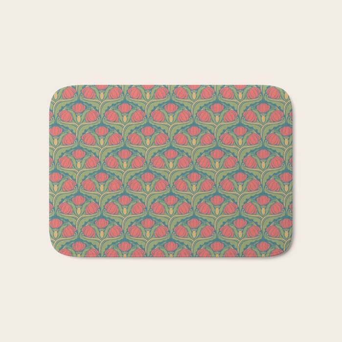 Art Nouveau Pattern 2 Red Sage Green Yellow Ochre On Blue Bath Mat Gallery Image 1