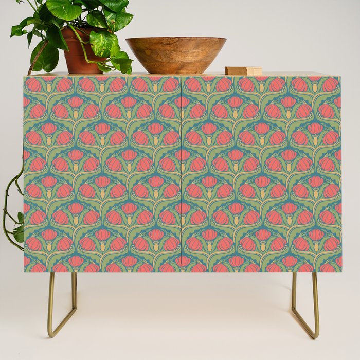 Art Nouveau Pattern 2 Red Sage Green Yellow Ochre On Blue Credenza Gallery Image 1
