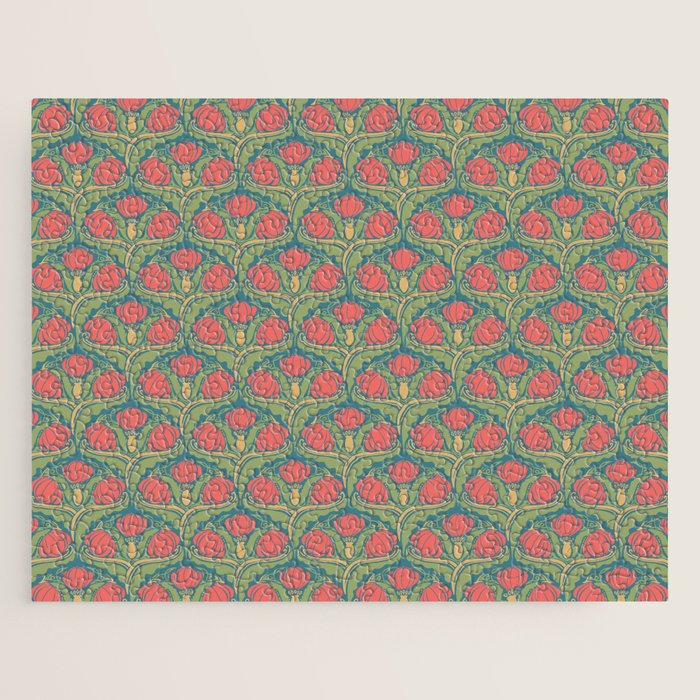 Art Nouveau Pattern 2 Red Sage Green Yellow Ochre On Blue Jigsaw Puzzle Gallery Image 1