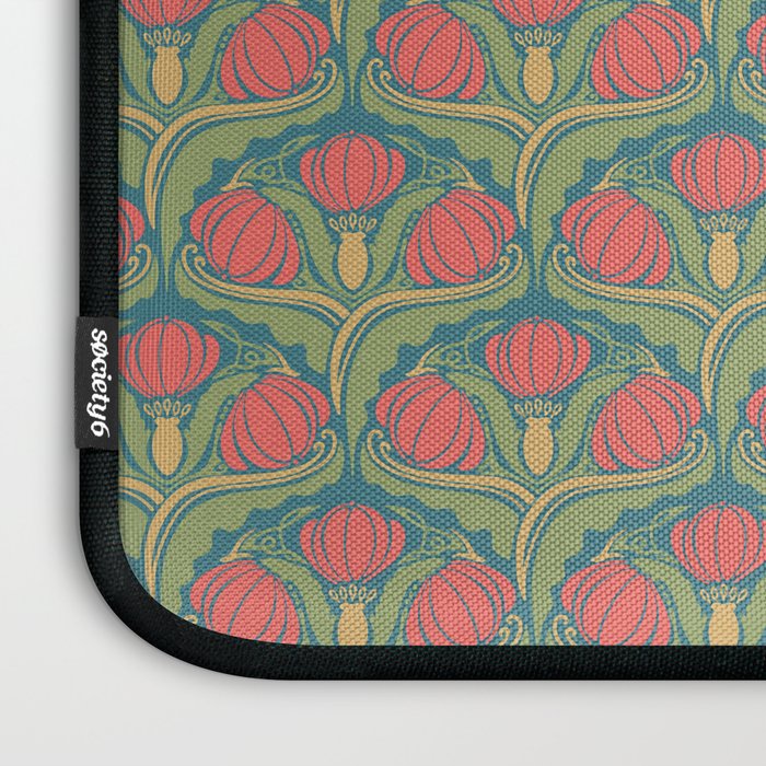 Art Nouveau Pattern 2 Red Sage Green Yellow Ochre On Blue Laptop Sleeve Gallery Image 3