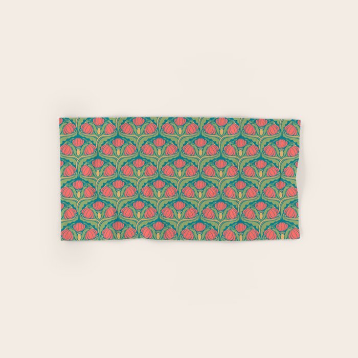 Art Nouveau Pattern 2 Red Sage Green Yellow Ochre On Blue Bath Towel Gallery Image 1