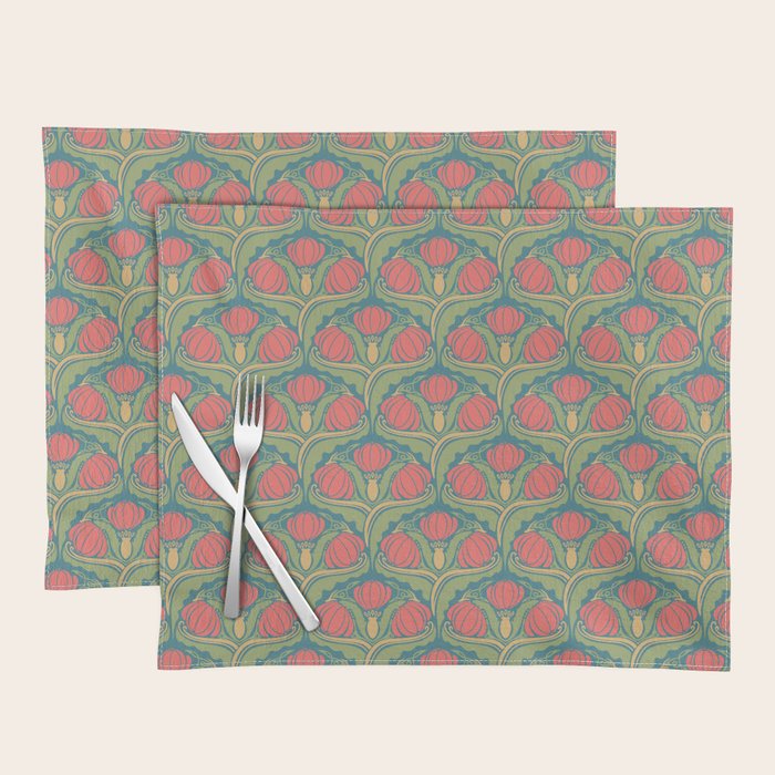 Art Nouveau Pattern 2 Red Sage Green Yellow Ochre On Blue Placemat Gallery Image 1
