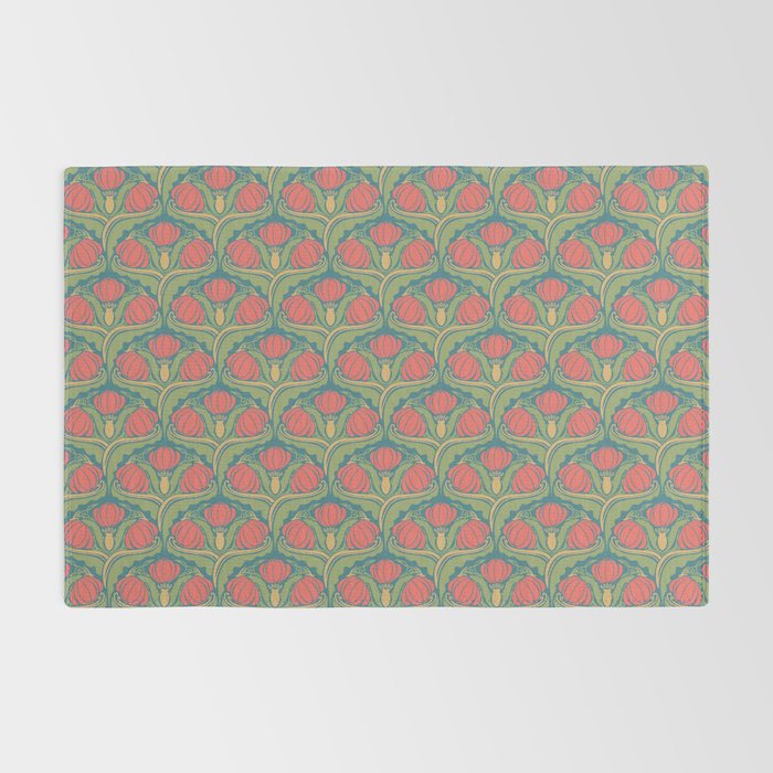 Art Nouveau Pattern 2 Red Sage Green Yellow Ochre On Blue Rug Gallery Image 2