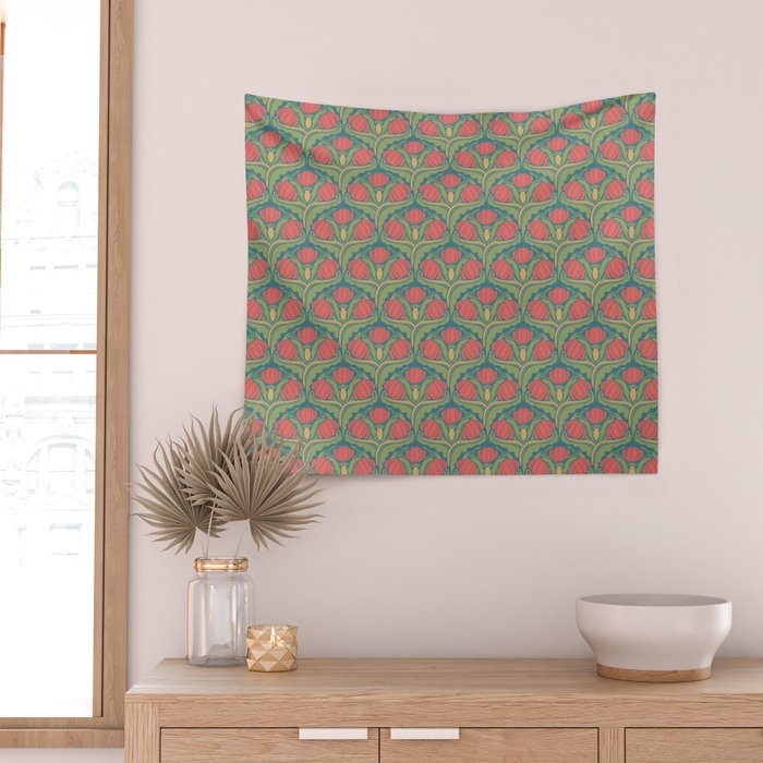 Art Nouveau Pattern 2 Red Sage Green Yellow Ochre On Blue Wall Tapestry Gallery Image 2