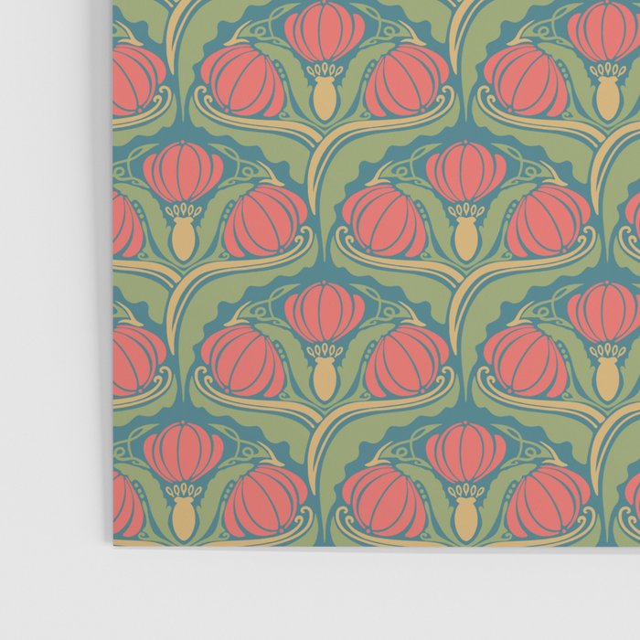Art Nouveau Pattern 2 Red Sage Green Yellow Ochre On Blue Poster Gallery Image 3