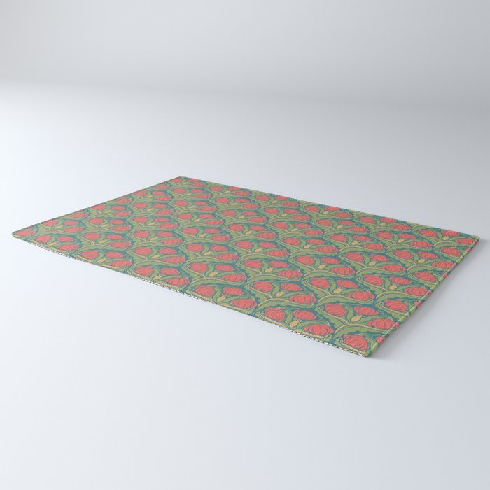 Art Nouveau Pattern 2 Red Sage Green Yellow Ochre On Blue Rug Gallery Image 3
