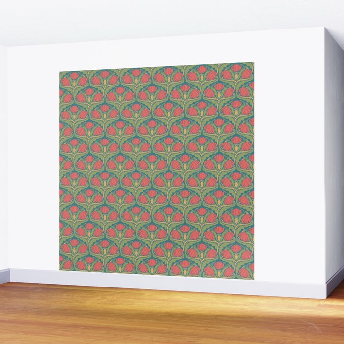 Art Nouveau Pattern 2 Red Sage Green Yellow Ochre On Blue Wall Mural Gallery Image 2