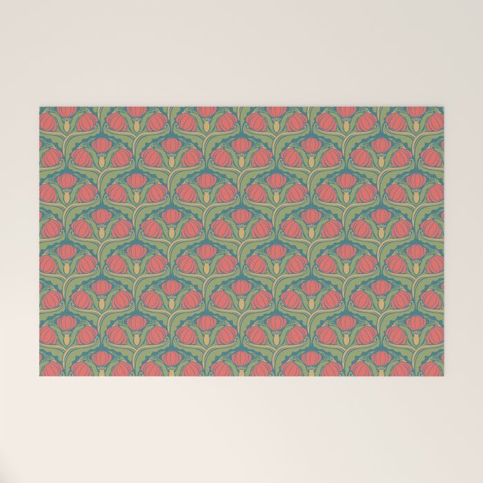 Art Nouveau Pattern 2 Red Sage Green Yellow Ochre On Blue Welcome Mat Gallery Image 1