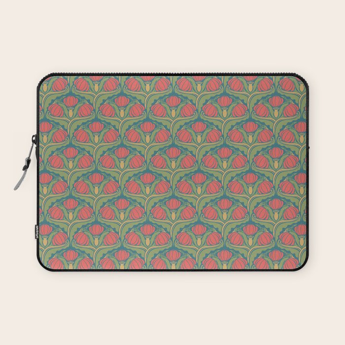 Art Nouveau Pattern 2 Red Sage Green Yellow Ochre On Blue Laptop Sleeve Gallery Image 1