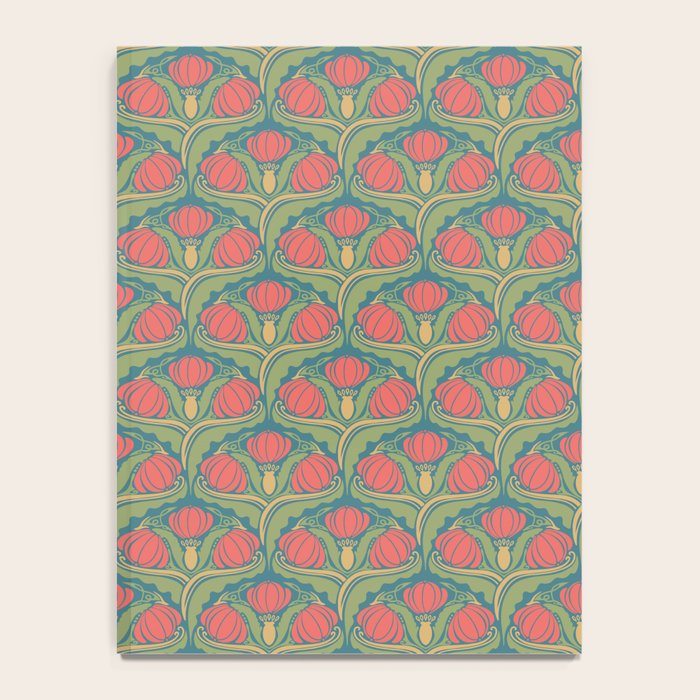 Art Nouveau Pattern 2 Red Sage Green Yellow Ochre On Blue Notebook Gallery Image 4