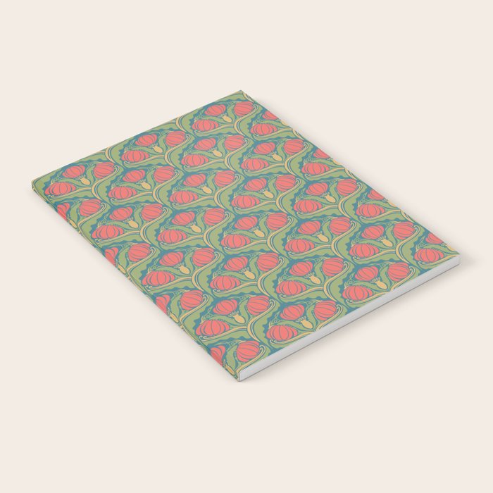 Art Nouveau Pattern 2 Red Sage Green Yellow Ochre On Blue Notebook Gallery Image 2