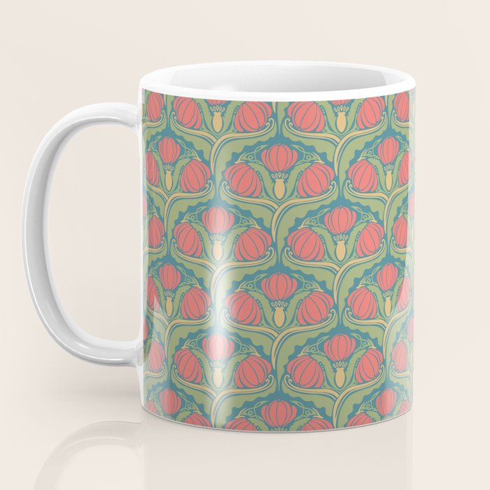 Art Nouveau Pattern 2 Red Sage Green Yellow Ochre On Blue Coffee Mug Gallery Image 3