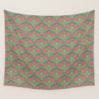 Art Nouveau Pattern 2 Red Sage Green Yellow Ochre On Blue Wall Tapestry Gallery Image 4