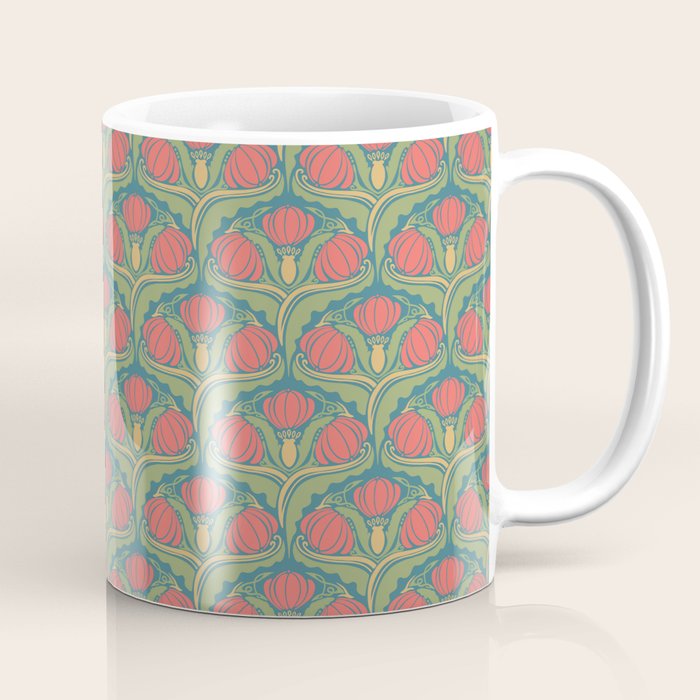 Art Nouveau Pattern 2 Red Sage Green Yellow Ochre On Blue Coffee Mug Gallery Image 1
