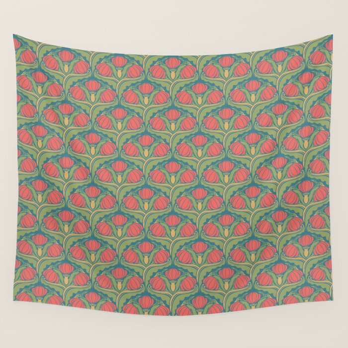 Art Nouveau Pattern 2 Red Sage Green Yellow Ochre On Blue Wall Tapestry Gallery Image 1
