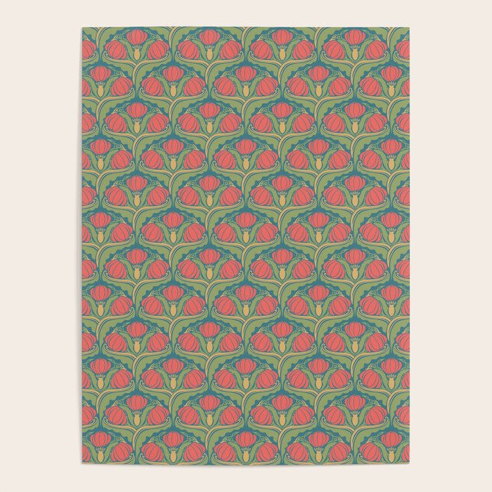 Art Nouveau Pattern 2 Red Sage Green Yellow Ochre On Blue Poster Gallery Image 4