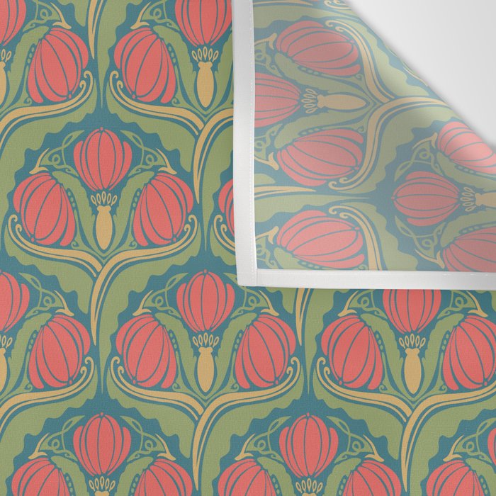 Art Nouveau Pattern 2 Red Sage Green Yellow Ochre On Blue Wall Tapestry Gallery Image 3