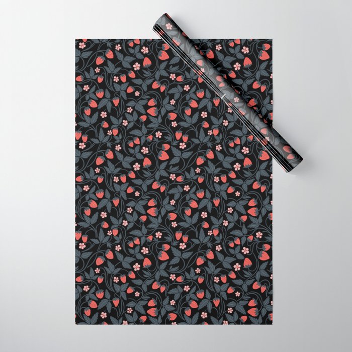 Strawberries - red and slate on black Wrapping Paper Gallery Image 1