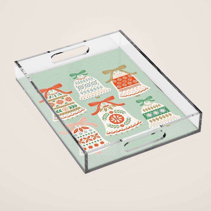 Folk Art Holiday Bells - Light Green Acrylic Tray Gallery Image 1