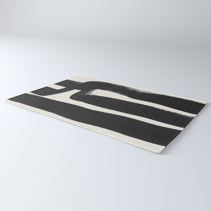 Mid Century Modern Minimalist Abstract Art Brush Strokes Black & White Ink Art Ancient Stripes Rug Gallery Image 3