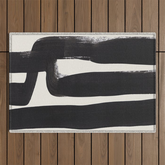Mid Century Modern Minimalist Abstract Art Brush Strokes Black & White Ink Art Ancient Stripes Outdoor Rug Gallery Image 1