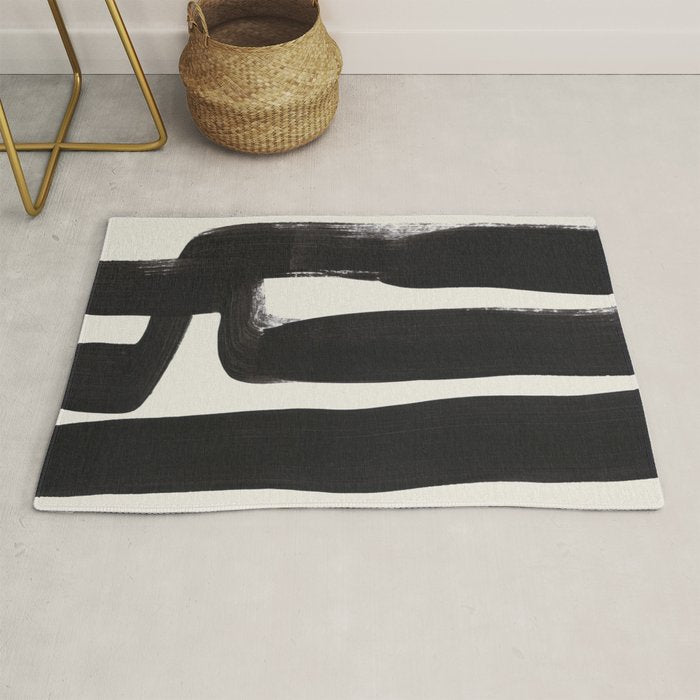 Mid Century Modern Minimalist Abstract Art Brush Strokes Black & White Ink Art Ancient Stripes Rug Gallery Image 1