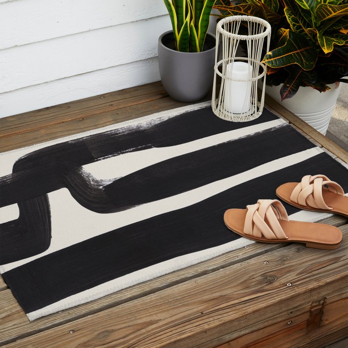 Mid Century Modern Minimalist Abstract Art Brush Strokes Black & White Ink Art Ancient Stripes Outdoor Rug Gallery Image 2
