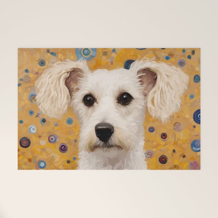 Gustav Klimt Style White Dog with Geometric Background  Welcome Mat Gallery Image 1