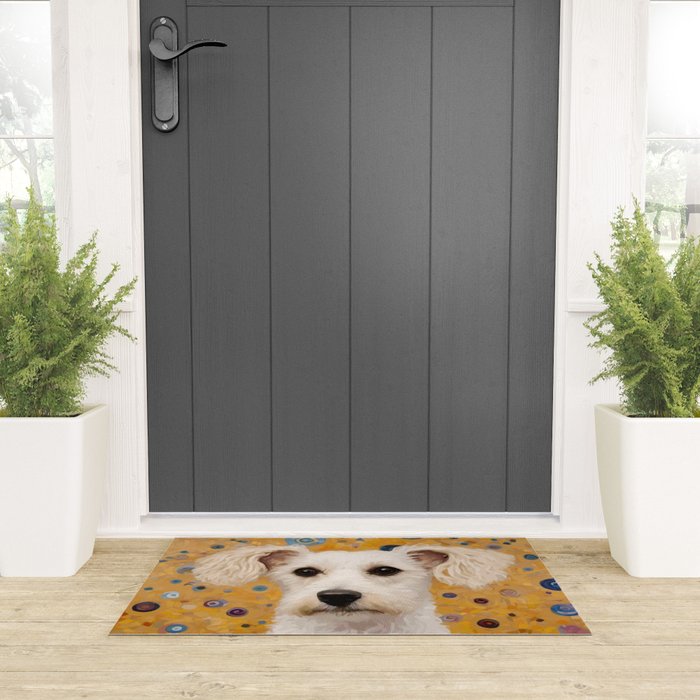 Gustav Klimt Style White Dog with Geometric Background  Welcome Mat Gallery Image 3
