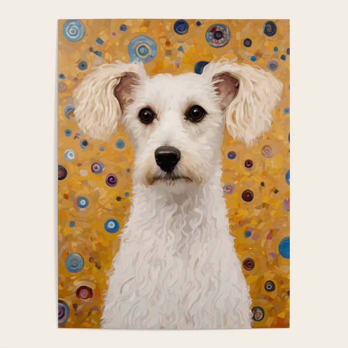 Gustav Klimt Style White Dog with Geometric Background  Poster Gallery Image 1