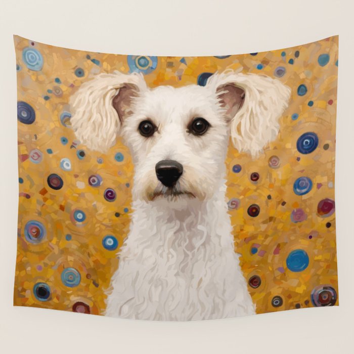 Gustav Klimt Style White Dog with Geometric Background  Wall Tapestry Gallery Image 4