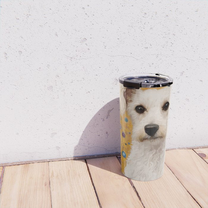 Gustav Klimt Style White Dog with Geometric Background  Travel Mug Gallery Image 4