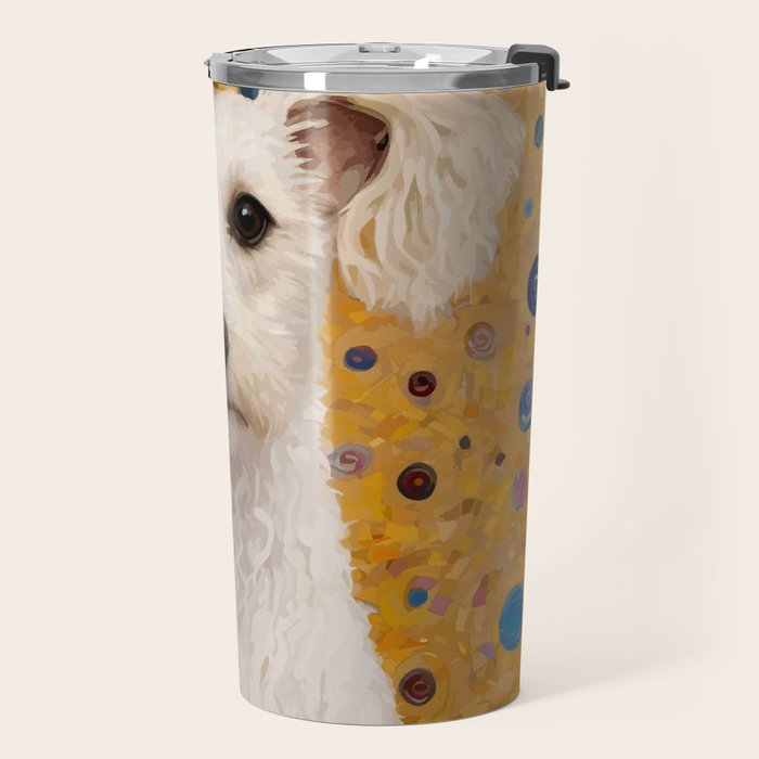 Gustav Klimt Style White Dog with Geometric Background  Travel Mug Gallery Image 2