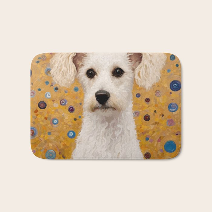 Gustav Klimt Style White Dog with Geometric Background  Bath Mat Gallery Image 1