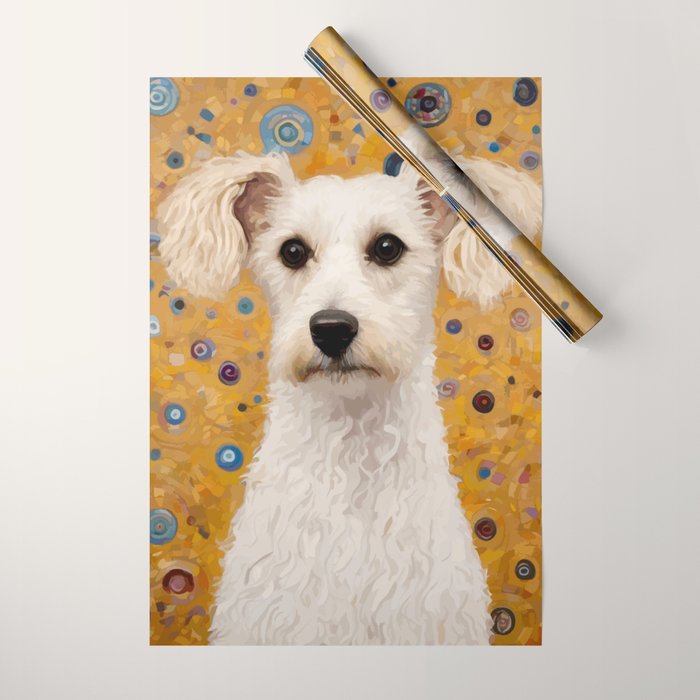 Gustav Klimt Style White Dog with Geometric Background  Wrapping Paper Gallery Image 1