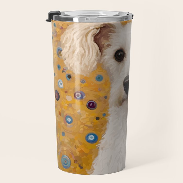 Gustav Klimt Style White Dog with Geometric Background  Travel Mug Gallery Image 3