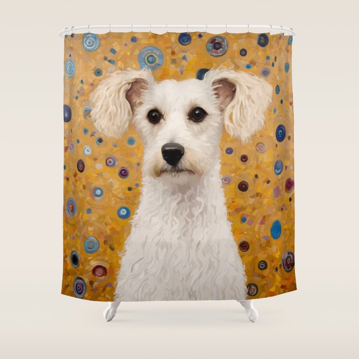 Gustav Klimt Style White Dog with Geometric Background  Shower Curtain Gallery Image 1
