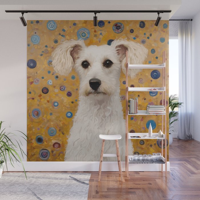 Gustav Klimt Style White Dog with Geometric Background  Wall Mural Gallery Image 1