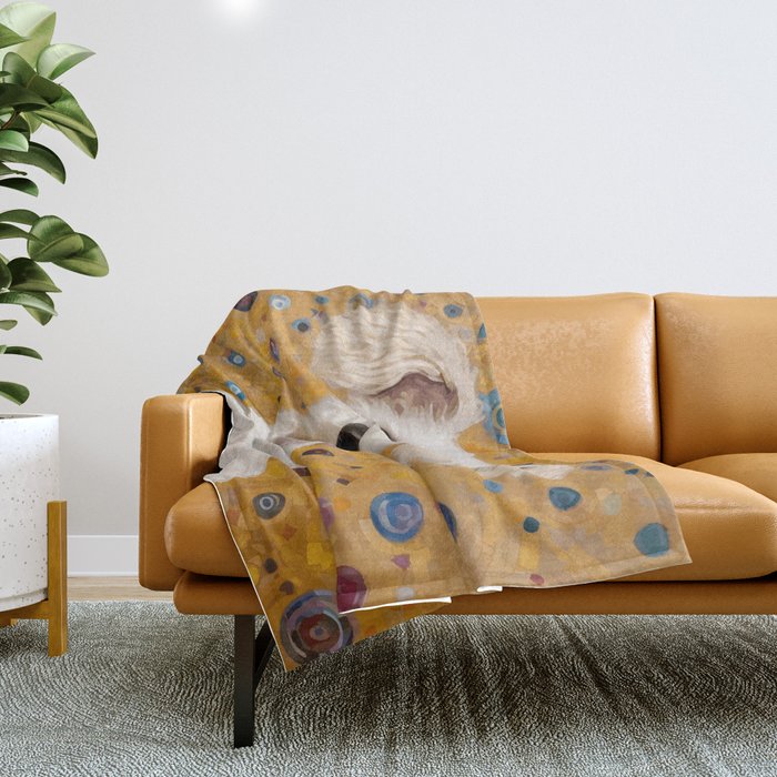 Gustav Klimt Style White Dog with Geometric Background  Throw Blanket Gallery Image 1