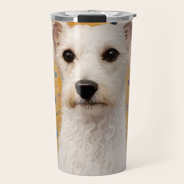 Gustav Klimt Style White Dog with Geometric Background  Travel Mug Gallery Image 1